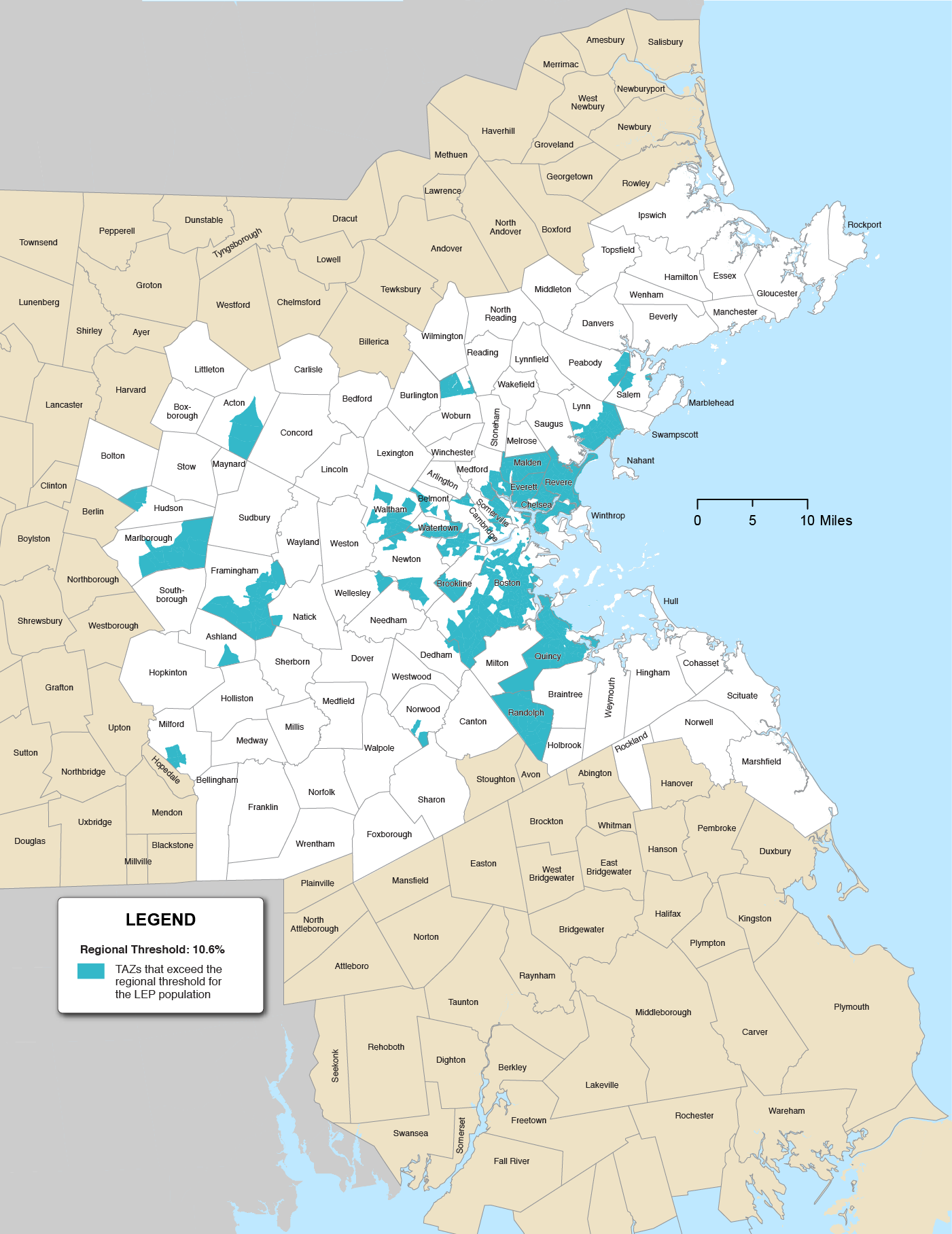 Figure 8-3 is a map of the Boston Region municipalities and the TAZs that exceed the regional threshold for the LEP population highlighted in teal. The Regional Threshold is 10.6%.